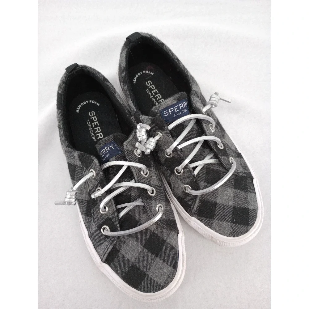 Sperry Pier Wave Sneaker Youth Size 3M Gray Buffalo Plaid Slip On Laced Girls